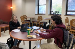 Students eating in the Burkhardt lounge at Ball State University.