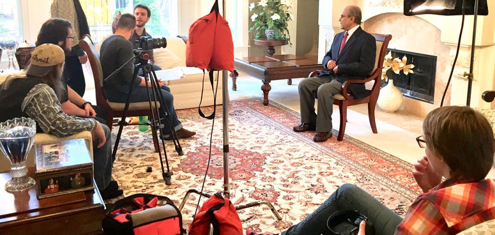 students interviewing Mir Masoom Ali, distinguished professor of statistics