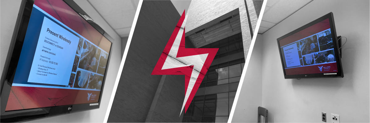 Airtame on monitors in Bracken Library's Studyrooms. Center of the image is a lightning bolt icon graphic over an image of Bracken Library.