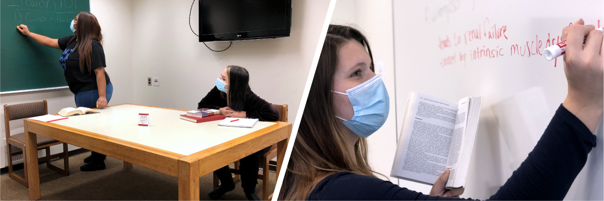 (left) two students using a study room in Bracken Library, (right) a person writing on the whiteboard in a study room in the Foundational Sciences Library
