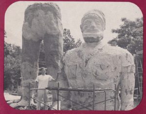 Black and white photo of the lumberjack statue