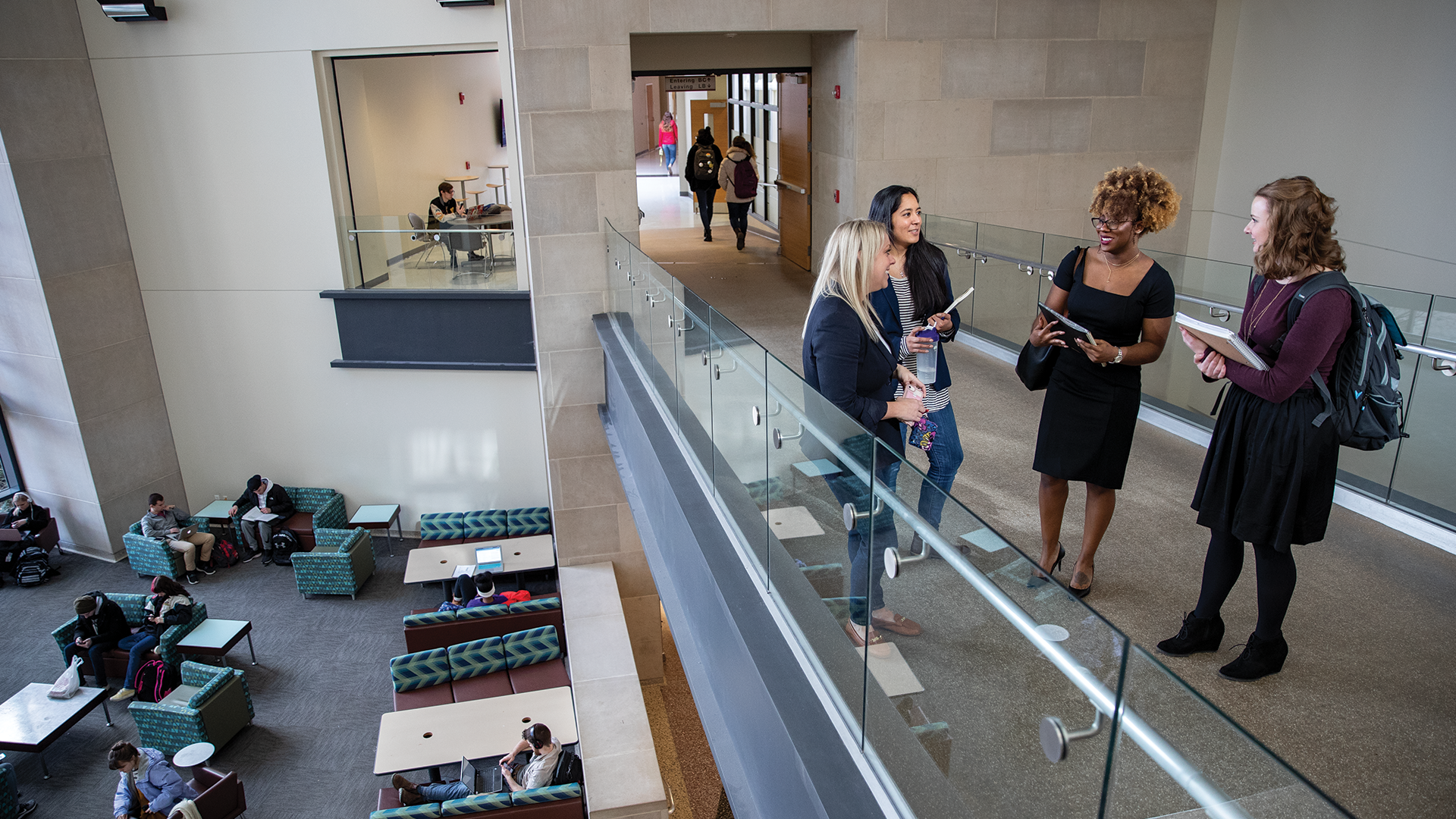 Faculty and Students chatting in the Letterman lobby