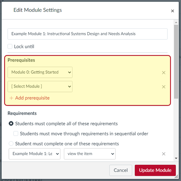 Module prerequisites in Edit Module Settings screen in Canvas