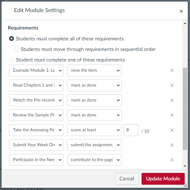 Module Requirements in Edit Module Settings screen in Canvas