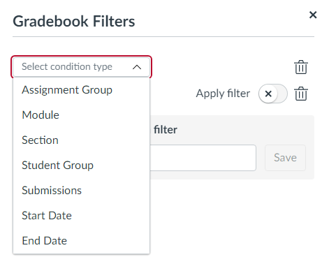 Screenshot of Canvas screen listing different filter conditions