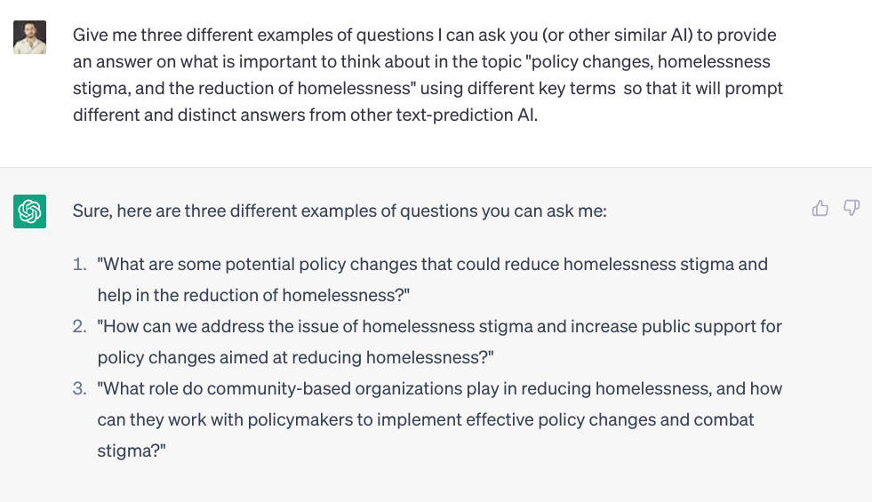 Chat with prompt asking for examples of questions to ask ChatGPT or similar AI