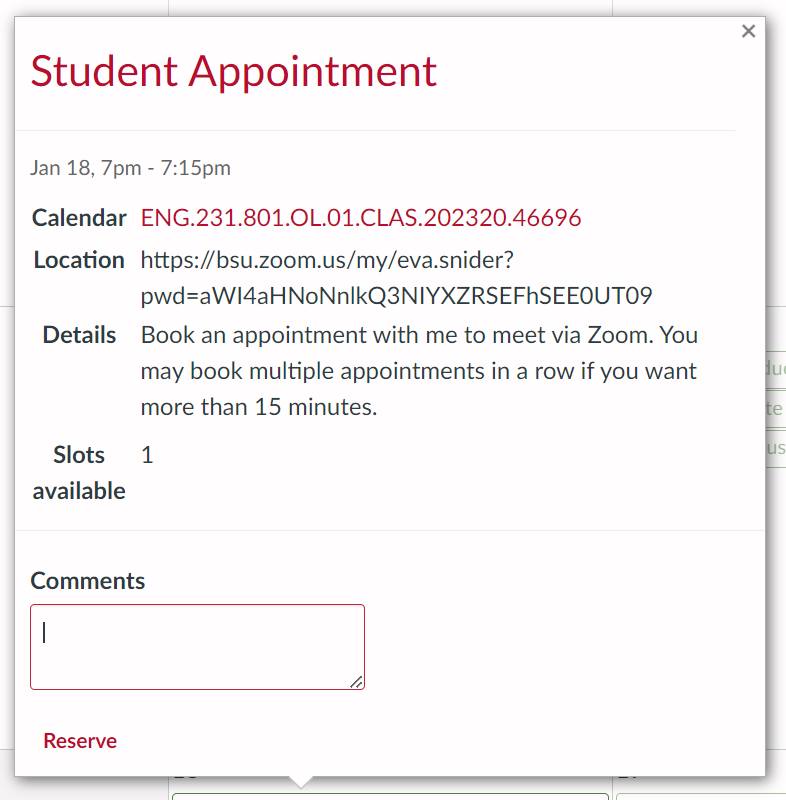 Student Appointment - Calendar name, Location, Details, Slots available, Comments, Reserve button