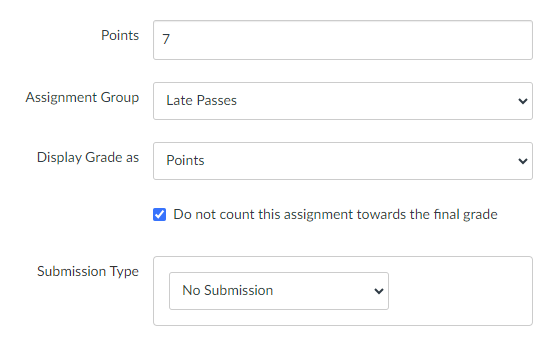 how to lock assignments on canvas Canvas settings, including - Points: 7, Assignment Group: Late Passes, Display Grade As: Points, Do not count this assignment towards the final grade, Submission Type: No Submission