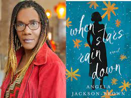 A Black woman with long hair and glasses and a red shirt and the cover of her book, blue with gold stars